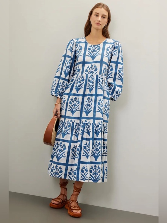 Sz Blockprints Dresses & Skirts - SZ Block Prints /Orti Blue and White Cotton Floral Midi Dress - Sz L
